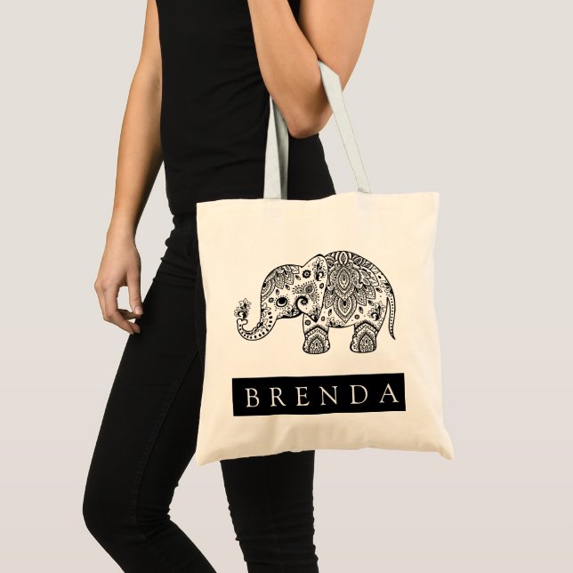 Tote Bag Eléphant de Paisley Floral Noir & Blanc (Devant (produit))