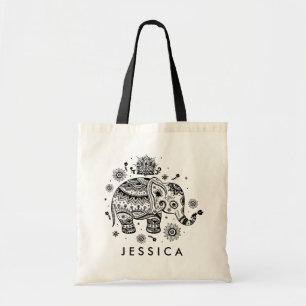 Tote Bag Eléphant floral noir rétro