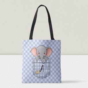 Tote Bag Éléphant Mignon Sortant de Poche à Carreaux