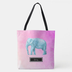 Tote Bag Eléphant Sur Aquarelle Rose Personnalisé