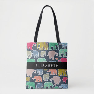 Tote Bag Eléphants colorés, Motif d'éléphants, Votre nom
