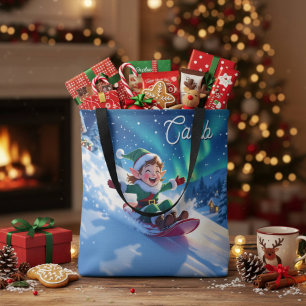 Tote Bag Elfe de Noël joyeux faisant de la luge 