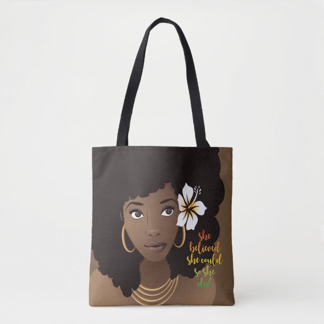 Tote Bag Elle Croyait Pouvoir, Femme Noire, Fleur, Brown (Devant)