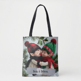 Tote Bag Elves Hug Under the Mistletoe