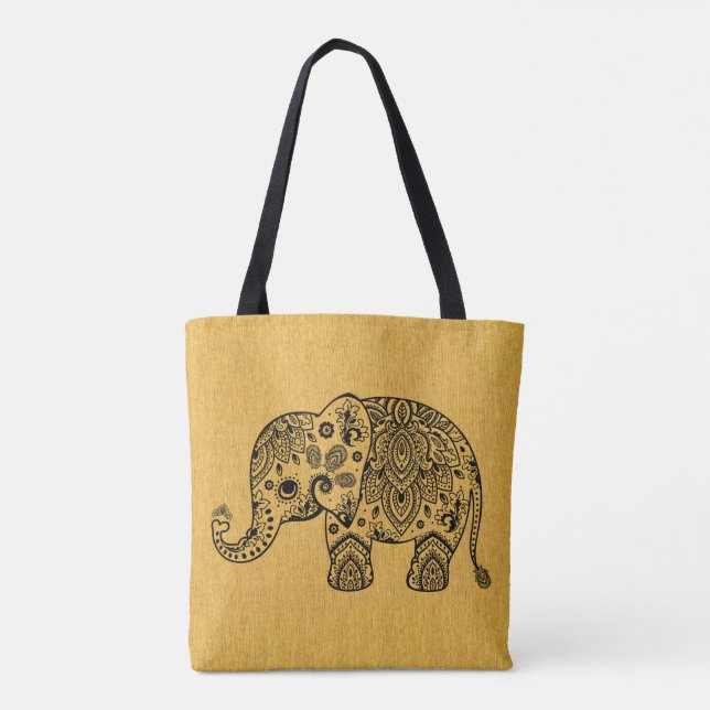 Tote Bag Emballage Eléphant Paisley Sur Texture Or (Dos)
