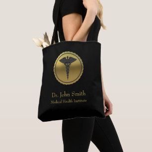 Tote Bag Emblème de Caducée Médical Professionnel en 3D Or