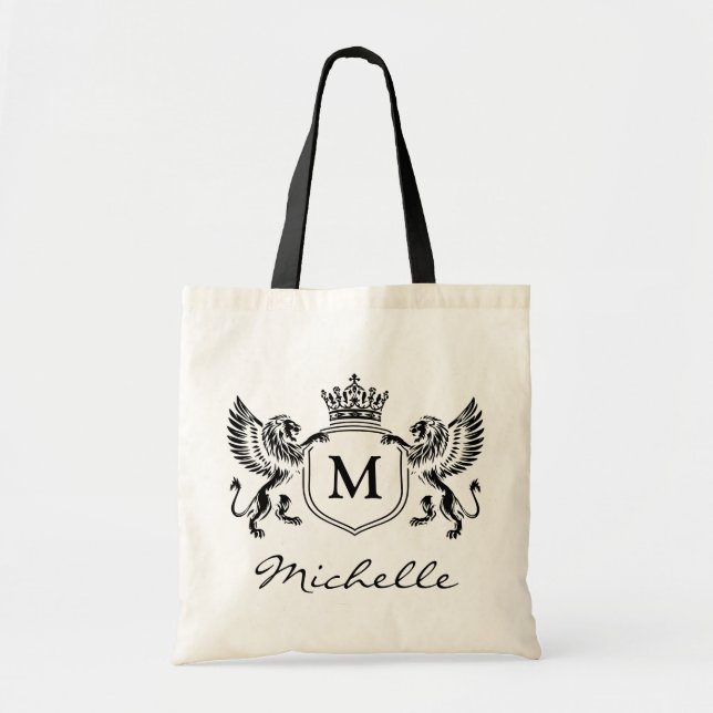 Tote Bag Emblème de couronne royale moderne lions monogramm (Devant)