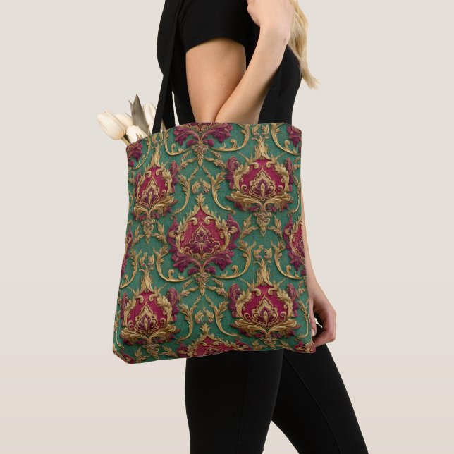 Tote Bag Emerald Burgundy Baroque Damask (De près)