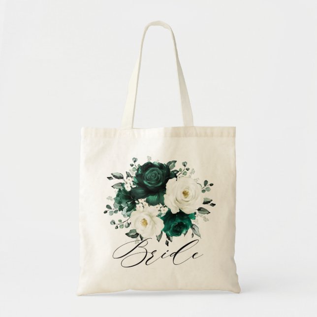 Tote Bag Emerald Green Eucalyptus Blanc Floral Mariage (Devant)