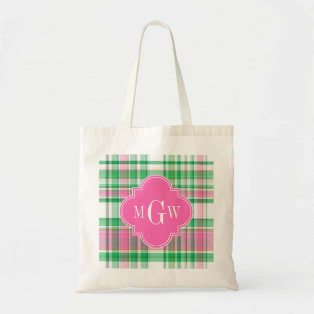 Tote Bag Emerald Green Hot rose Whisky Preppy Madras Monogr (Devant)