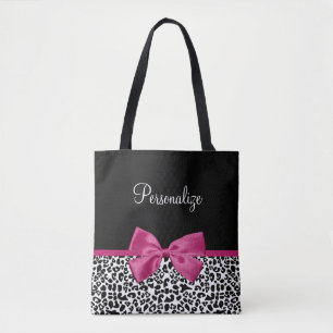 Tote Bag Empreinte de léopard en ruban rose foncé avec no