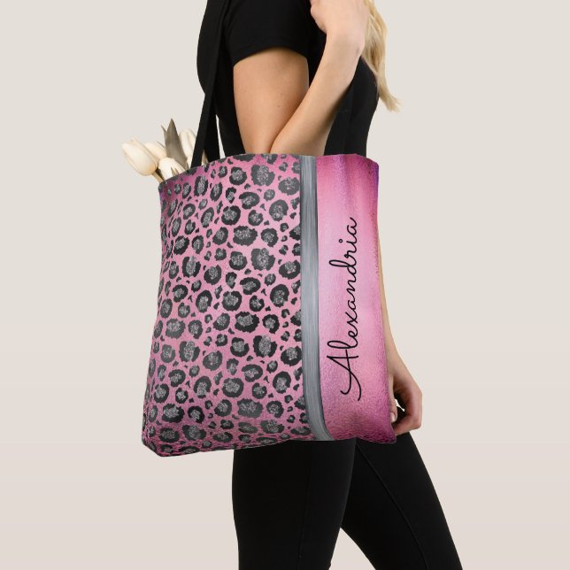 Tote Bag Empreinte de léopard Glittery sur brillant rose ch (De près)