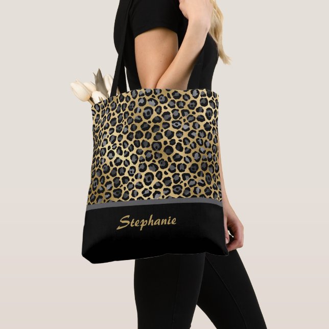 Tote Bag Empreinte de léopard personnalisé | Noir, gris et  (De près)