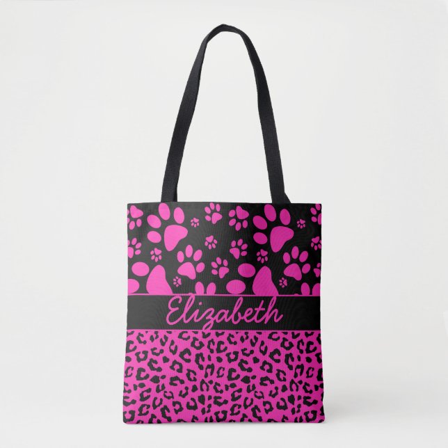 Tote Bag Empreinte de léopard rose et noir et pattes (Devant)