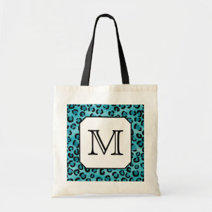Tote Bag Empreinte de léopard turquoise, monogramme fait