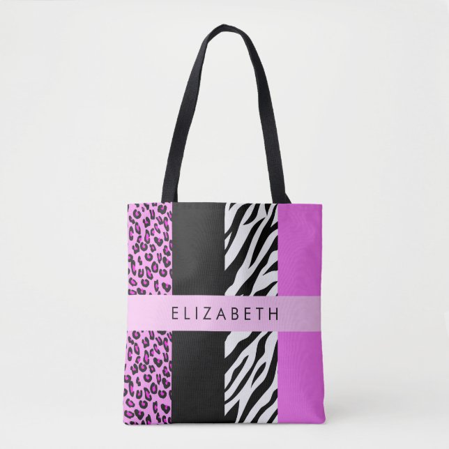 Tote Bag Empreinte de léopard, Zebra Print, Rose, Votre nom (Devant)