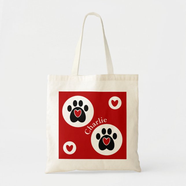 Tote Bag Empreinte de patte noir et coeur rouge (Devant)