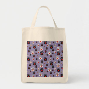 Tote Bag Empreintes de pattes aux coeurs rouges sur bleu