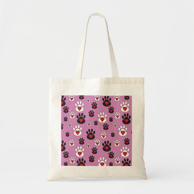 Tote Bag Empreintes de pattes aux coeurs rouges sur rose (Devant)