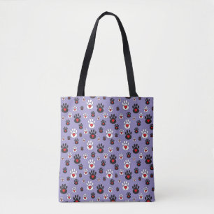 Tote Bag Empreintes de pattes avec des cœurs rouges sur fon