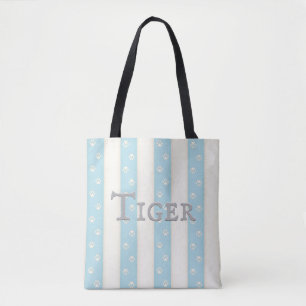 Tote Bag Empreintes de pattes de chats sur Bleu pâle et Ble