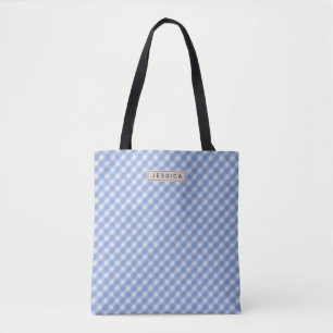Tote Bag En vichy bleu personnalisé avec fleurs jaunes sur 