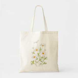 Tote Bag encre blanche Margaret daisy et aquarelle