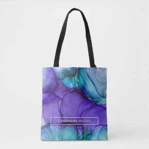 Tote Bag Encre d'alcool Turquoise et violette Art Abstrait 