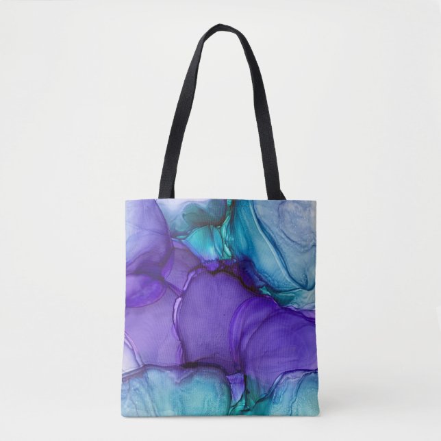 Tote Bag Encre d'alcool violette et Turquoise Art Abstrait  (Devant)