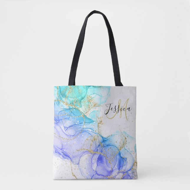 Tote Bag Encre et nom d'alcool turquoise et or (Devant)