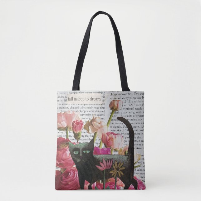 Tote Bag Endormez-vous pour rêver Chat noir Fleurs roses ch (Devant)