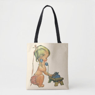 Tote Bag Enfant Vintage Mignon Fille Blonde Parlant sur un 