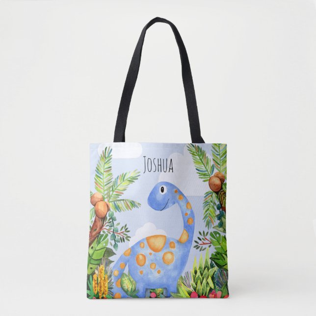 Tote Bag Enfants Jungle Aquarelle Dinosaur avec nom Garçons (Devant)