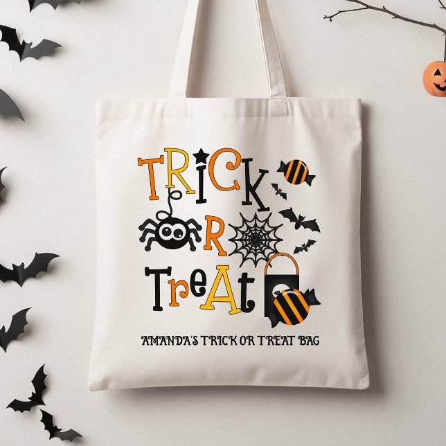 Tote Bag Enfants Noirs Rétro Halloween Tricoter Ou Traiter  (Halloween Trick or Treat Tote Bag, Personalized Kids Trick Or Treat Tote, Spider Candy Trick Treat)