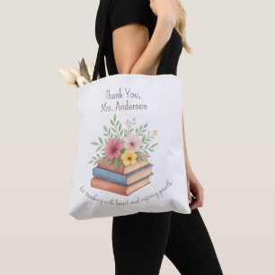Tote Bag Enseignant Merci - Aquarelle Livres & Fleurs -