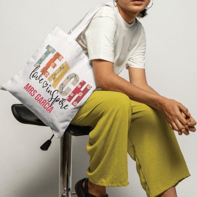 Tote Bag Enseigner l'amour Inspirer Jour de l'enseignant Ap (Teach Love Inspire Inspirational Teacher Appreciation Gift with Custom Text: Name, Class, Year)