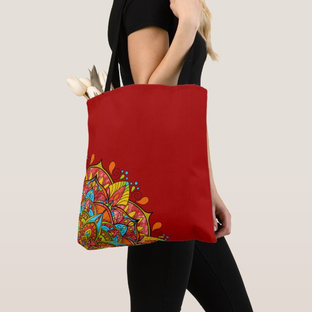 Tote Bag Épaule de Mandala couleur rouge (De près)