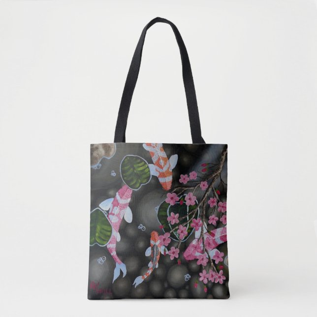 Tote Bag Épaule Fourre-tout avec Koi et fleurs (Devant)