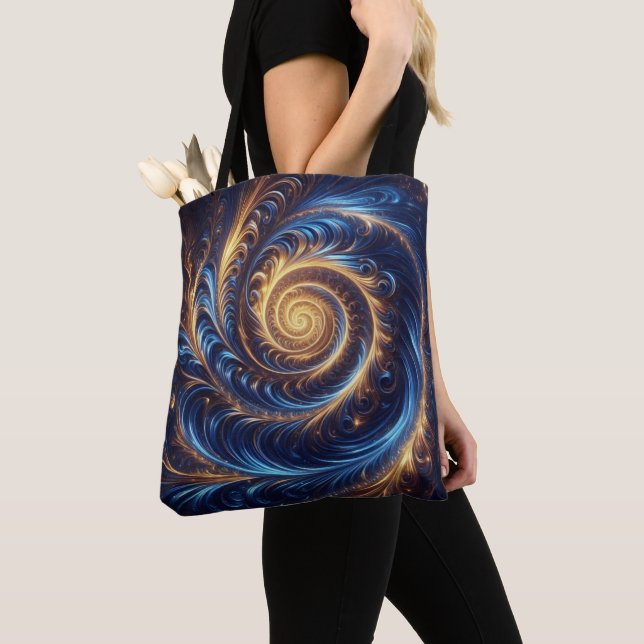 Tote Bag Espace Abstrait moderne Royal Blue et Gold Swirls (De près)