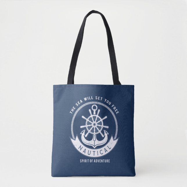 Tote Bag Esprit nautique Ancre, Roue, Bleu marine (Devant)