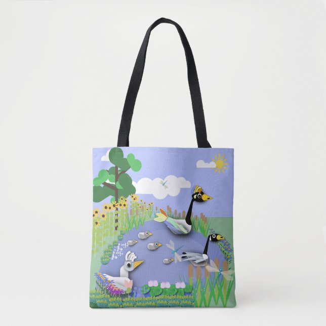 Tote Bag Etang coloré de style dessin animé avec oies et ca (Devant)