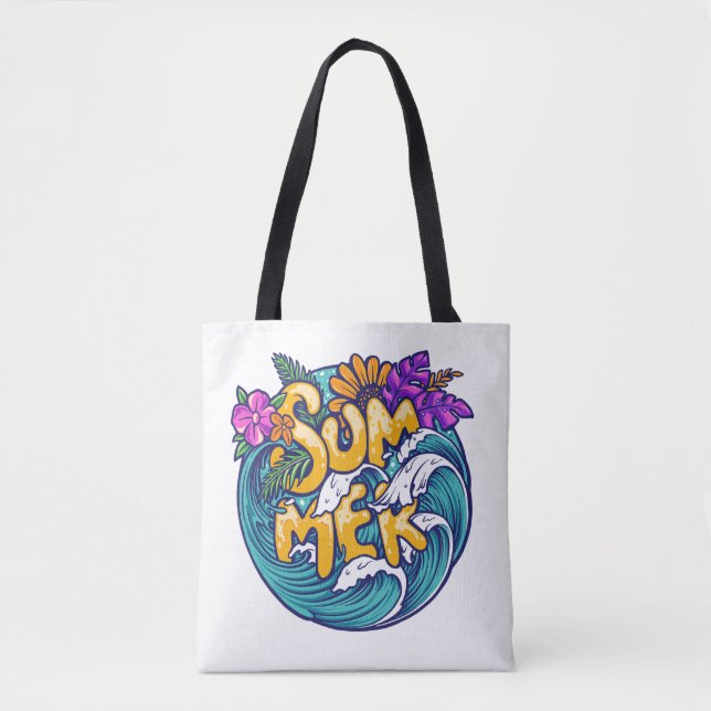 Tote Bag Été Fleurs tropicales Plage Vagues océaniques (Devant)