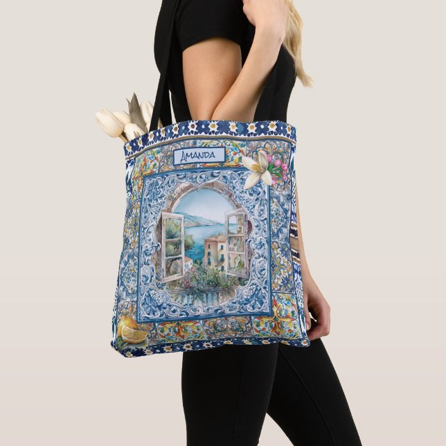 Tote Bag été italie carreaux bleu floral citrus monogramme (De près)