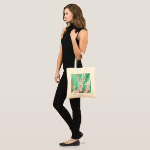 Tote Bag Été, printemps, imprimé magnolia rayé vert