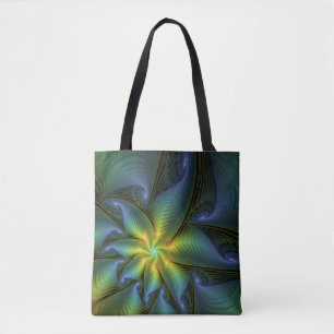 Tote Bag Etoile Abstraite, Bleu brillant Vert Or Fractal Ar