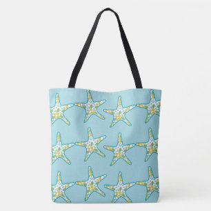 Tote Bag Étoiles de mer et plage florale d'été d'aqua de