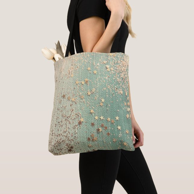 Tote Bag Étoiles de Parties scintillant d'or sur Burlap ver (De près)