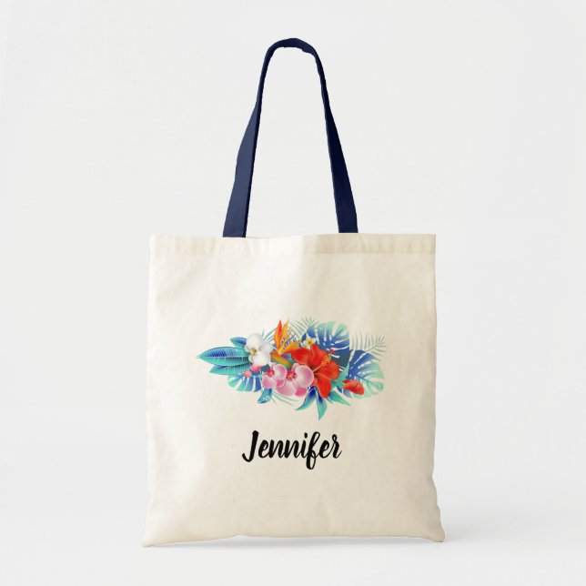 Tote Bag Exotic Tropical Flowers - Pink & Aquamarines (Devant)