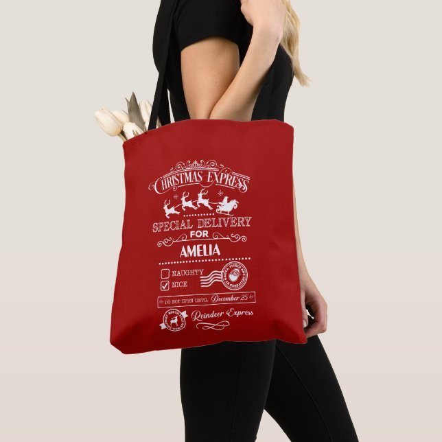 Tote Bag Express de Noël chic Livraison spéciale Monogramme (De près)