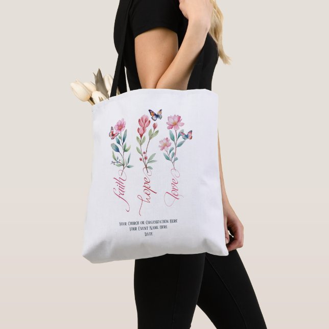 Tote Bag Faith Hope Amour Fleur sauvage Église Bible Person (De près)